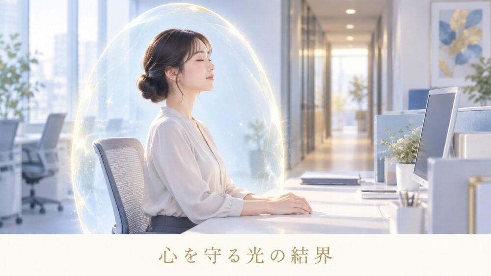 職場の席で目を閉じて深呼吸し、淡い光の卵形バリアを思い描く社員。