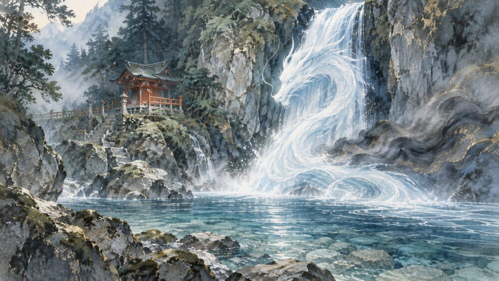 滝の水が白い龍の姿を描き、岩場の向こうに川辺の社が建つ。