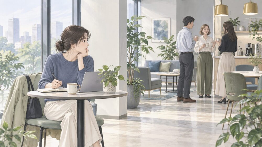 職場の休憩スペースで、一人離れて過ごす女性と同僚たち。