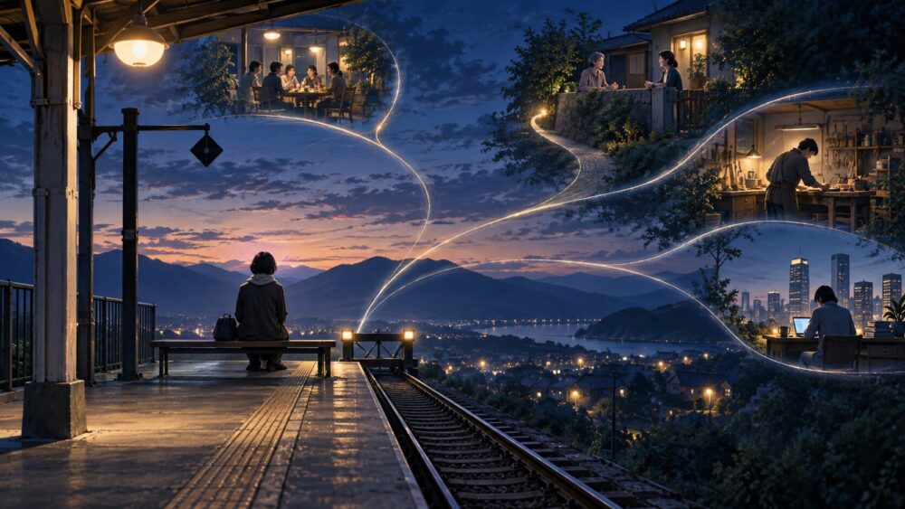 夕暮れの駅から、ひとりの時間や人とのつながりへ続く道を眺める人。