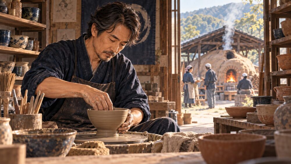 陶芸工房で一人制作に集中し、開いた戸の向こうに人の気配がある男性。