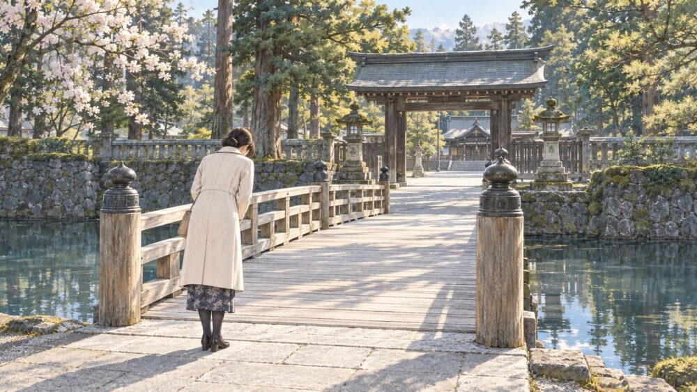 お堀に架かる橋の前で一礼し、参道へ向かう参拝者。