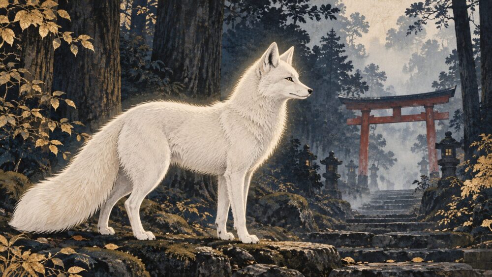 朱色の鳥居の前に佇む白狐を、神使の象徴として描いたイラスト。