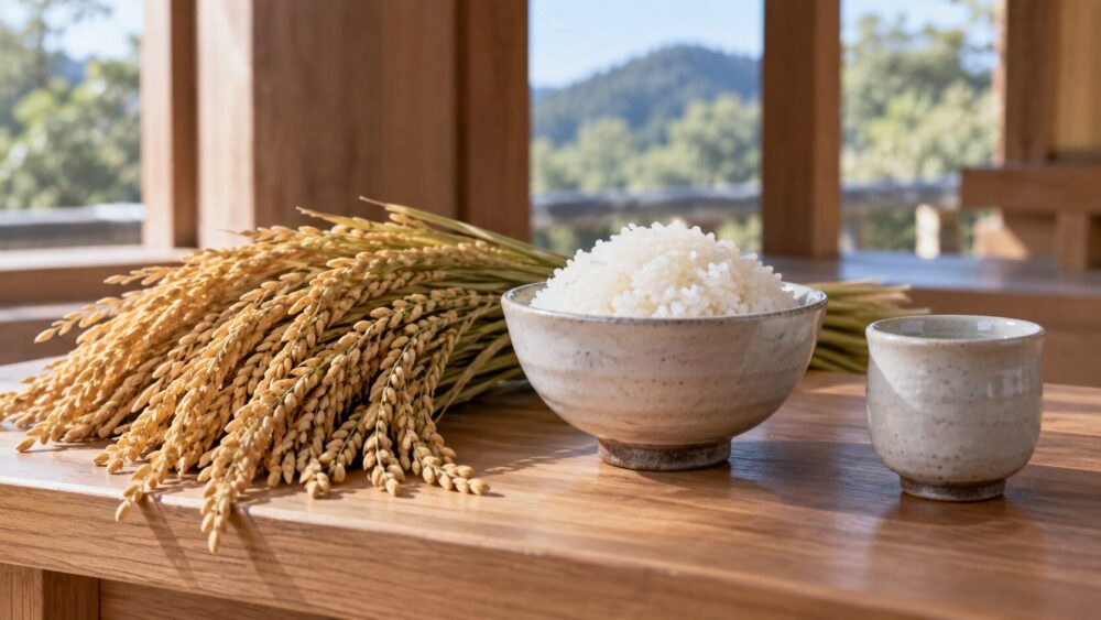 稲穂と米の供物を並べ、食物と生命を司る神を象徴した静物画。