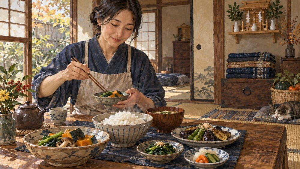 和室で食事を準備する女性と、ご飯や野菜、背後の神棚。