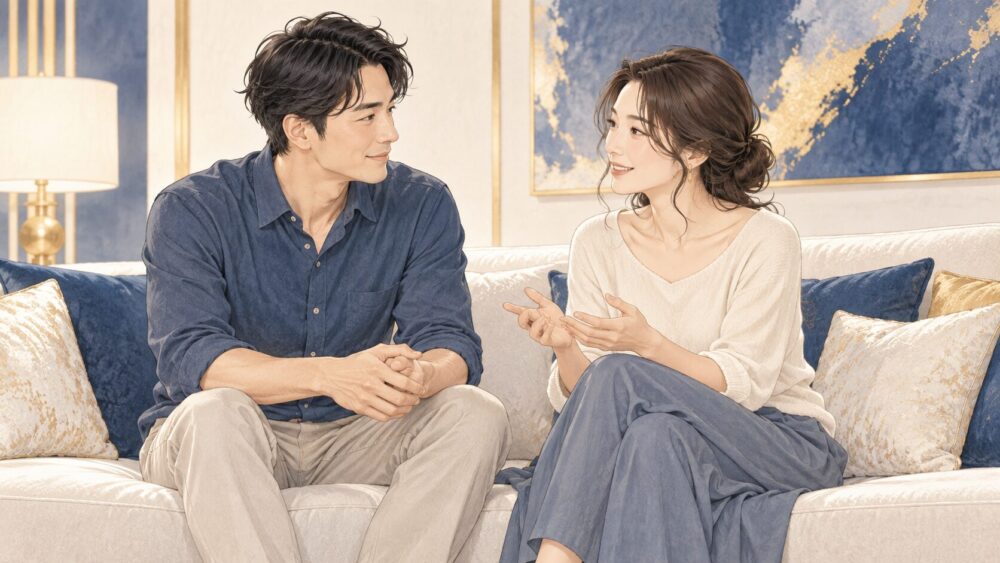 ソファで自然体に向き合い会話する男女。
