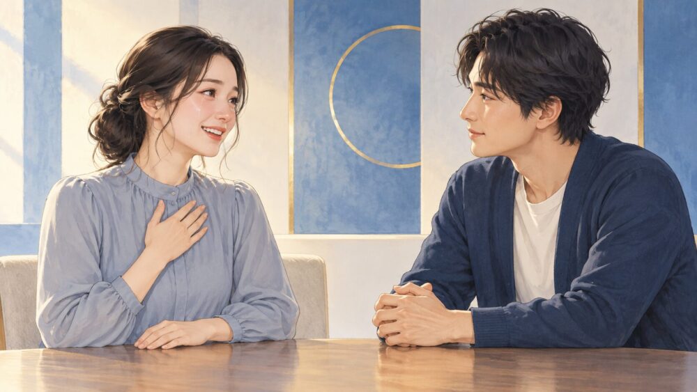 安心感に涙を浮かべ、胸に手を当てる女性と寄り添う男性。