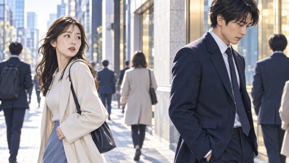 街角ですれ違い、振り返る女性と足を止められない男性。