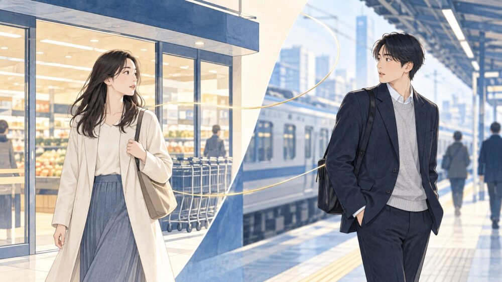 日常の場所で偶然が重なる男女を描いた比較イメージ。
