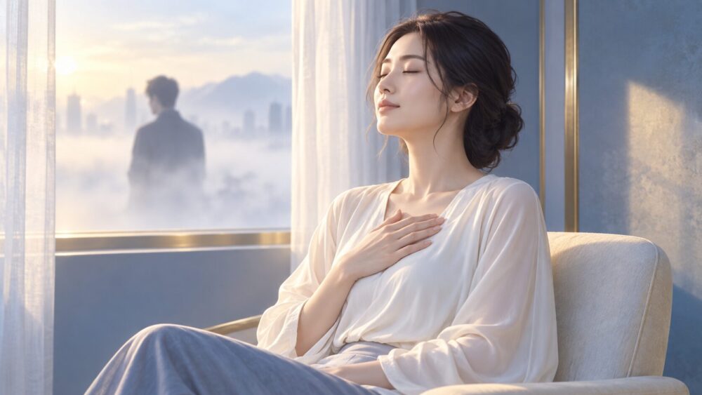 静かな窓辺で胸に手を当て、呼吸を整える女性。