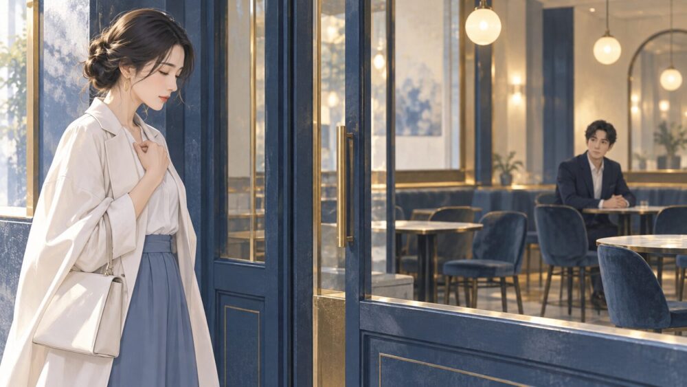 カフェの前で深呼吸して再会に向き合う女性。