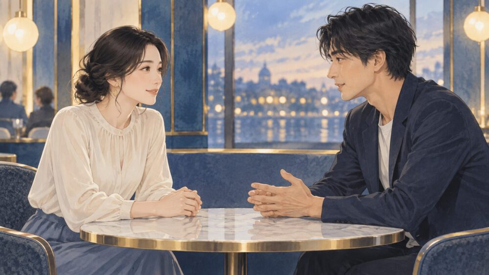 再会した男女がカフェで落ち着いて短い会話を始める場面。
