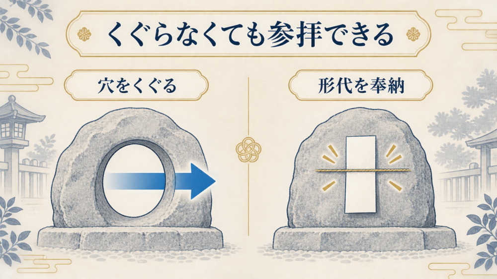 縁切り縁結び碑をくぐる方法と、形代を奉納して祈る方法を並べて示した図解。