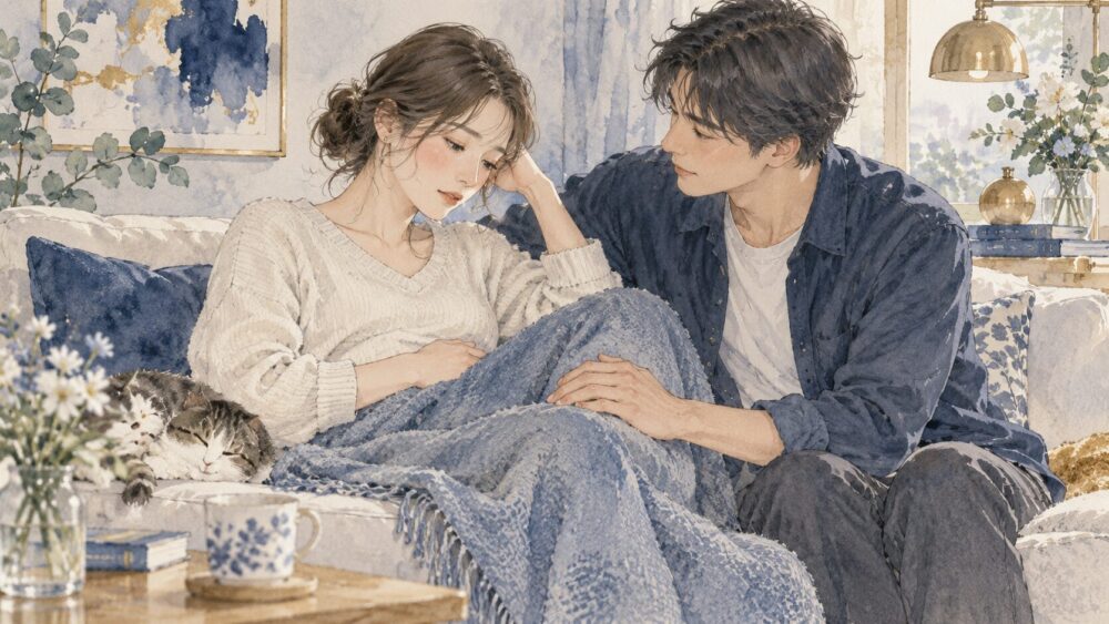 夕暮れの街灯の下で、穏やかに見つめ合う大人の男女。