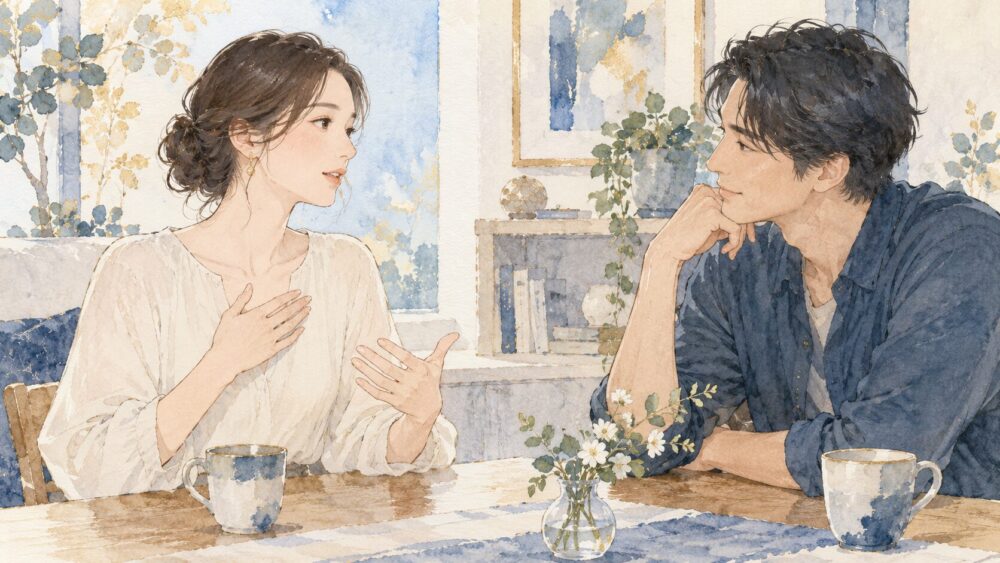 並んで歩きながら笑顔で言葉を交わす大人のカップル。