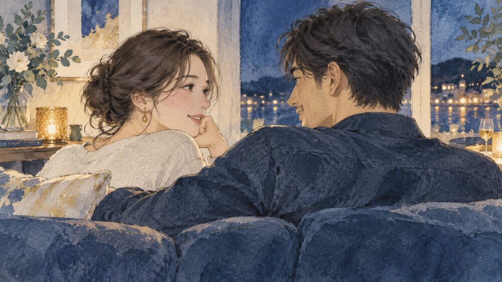 夜の窓辺で向き合う二人と、間に揺れる二つの光。