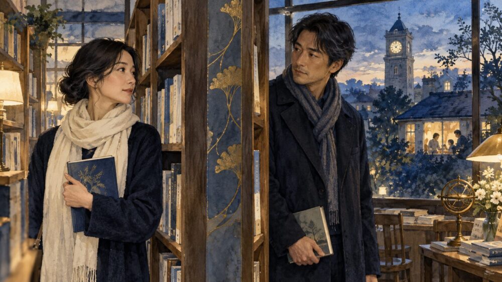夜の書店で本を手に、視線を交わす男女と窓辺の家庭の灯り