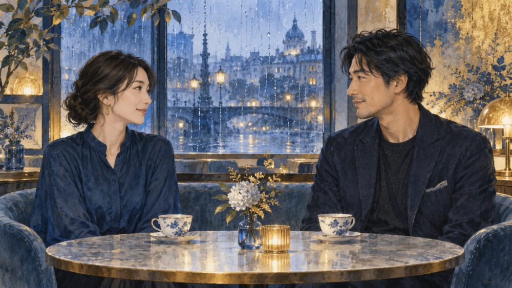 雨の窓辺のカフェで穏やかに向き合う男女