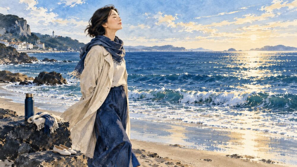 波音のそばで目を閉じて呼吸を整える女性