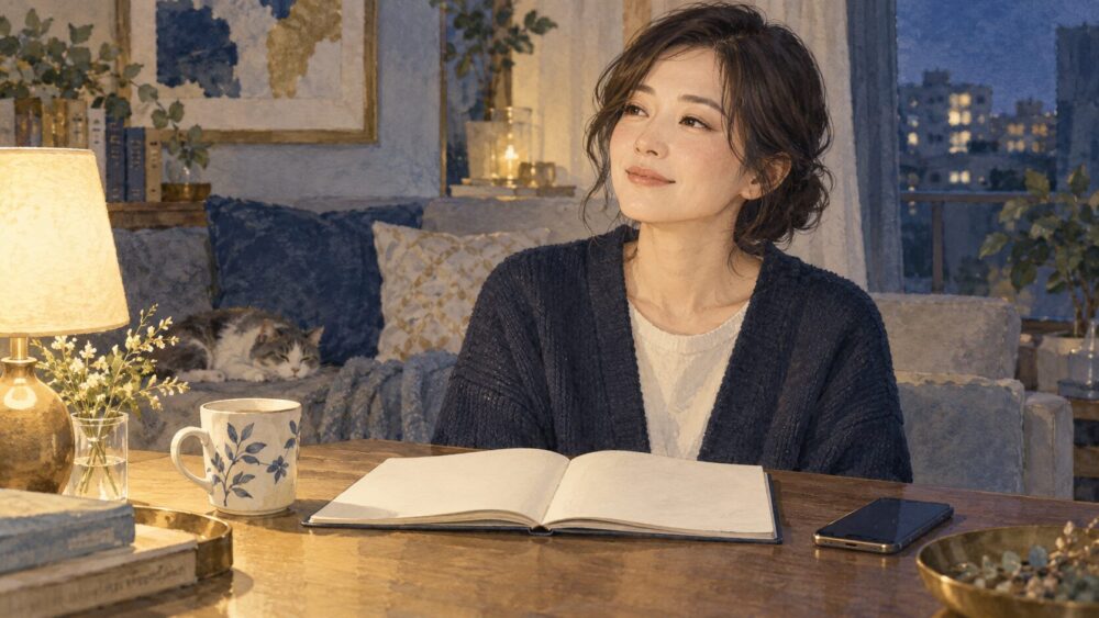 夜の部屋で相談ノートを広げ、気持ちを整理する女性