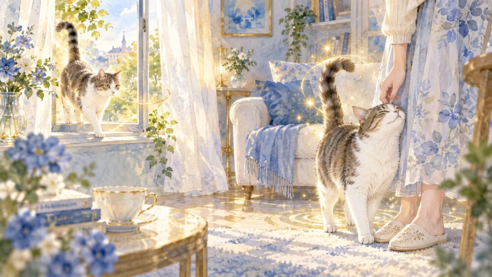 猫がなつく、家に入るなど金運の吉夢を描いたイラスト。