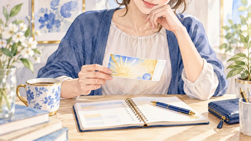 売り場で宝くじを選び、予算を確認する手元のイラスト。
