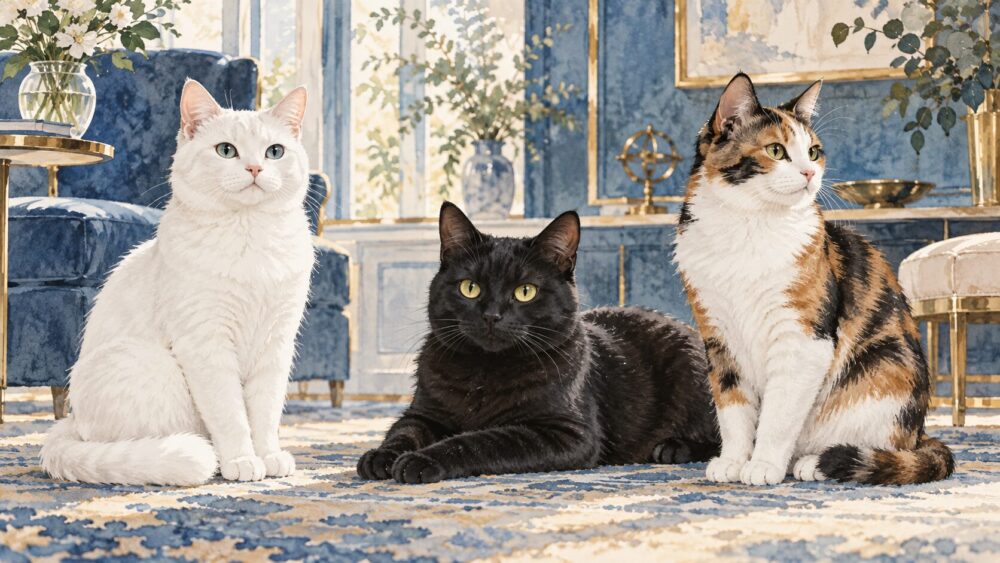 白猫・黒猫・三毛猫などの吉夢を並べたやわらかなイラスト。