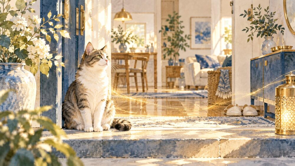 猫の夢と金運の関係を、招き猫と穏やかな光で表したイラスト。