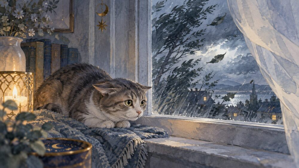 落ち着いて購入を見送る判断を表す、静かな夜の猫のイラスト。