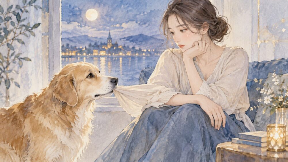 犬と向き合う女性を描き、身近な人との信頼や心の境界線を表したイラスト