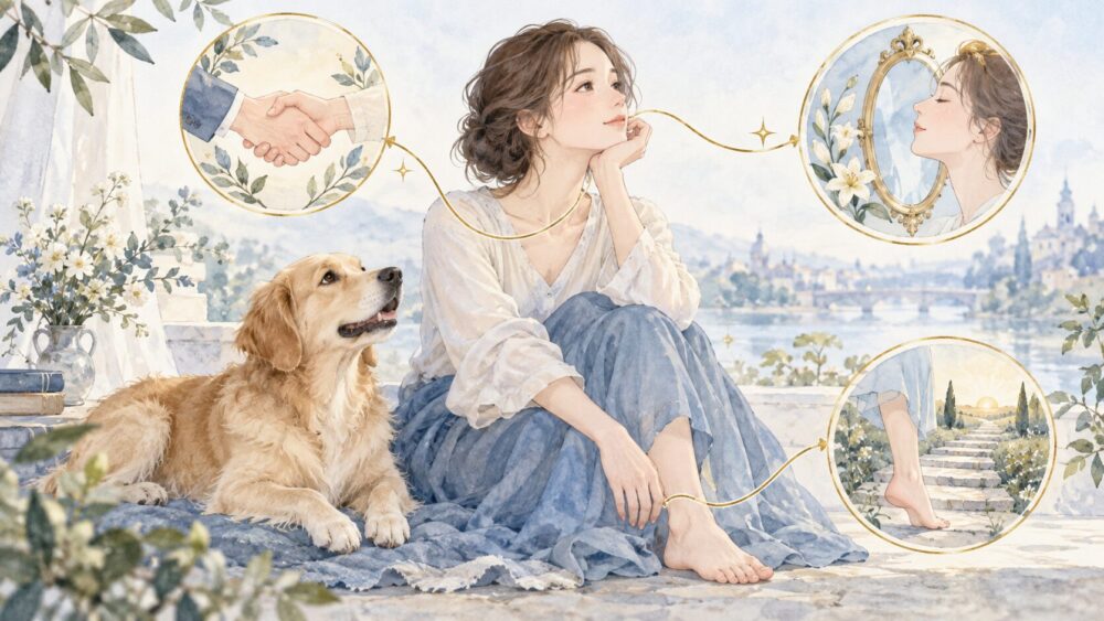 犬の夢を見た女性と握手・足元・鏡の象徴で、部位ごとの暗示を表したイラスト