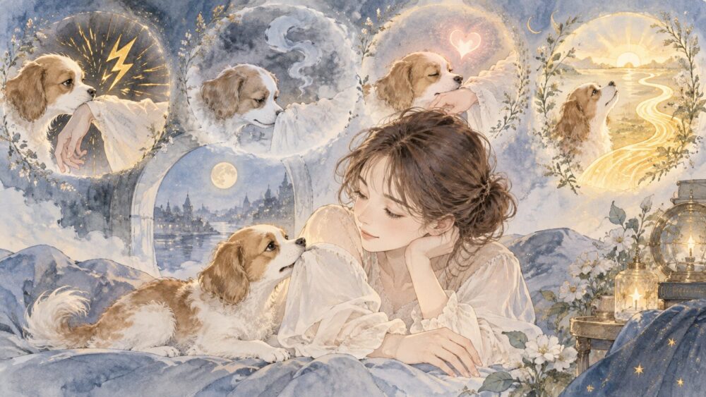 痛み・無痛・甘噛み・好転という犬に噛まれる夢の感覚の違いを描いたイラスト