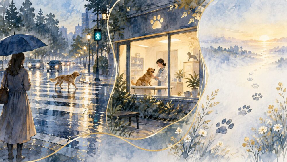 雨の交差点、動物病院、足跡の道を描いた犬の夢の状況イメージ。