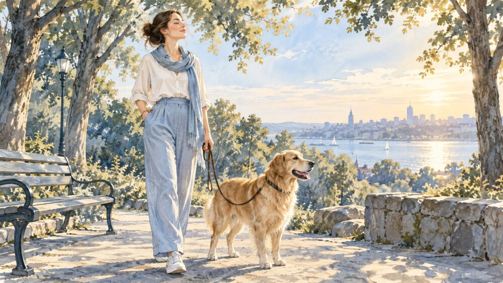朝の海辺を愛犬と歩き、深呼吸して気持ちを整える女性。