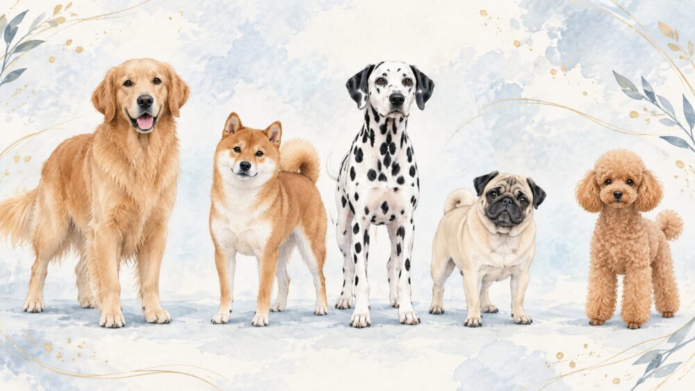 ゴールデンレトリバー、柴犬、ダルメシアン、パグ、トイプードルを描いた犬種別の案内イラスト。
