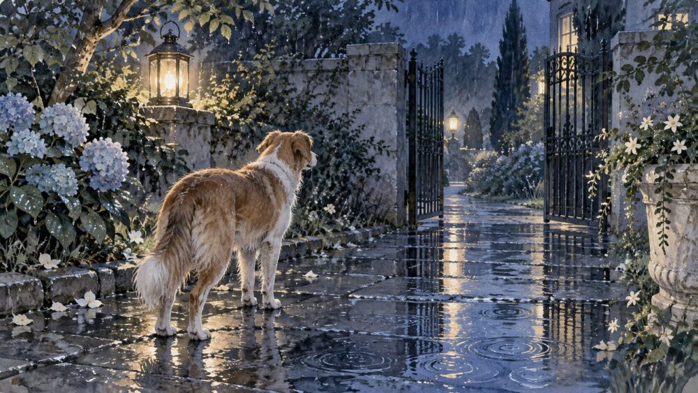 雨の夜に不安げに立ち止まる犬の夢を、静かな青い光で描いたイラスト。