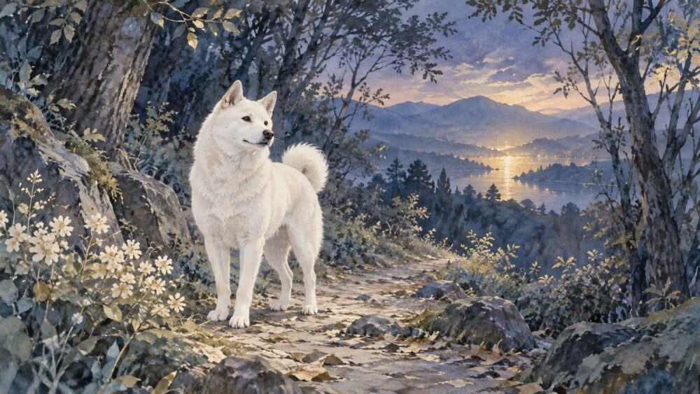 夢の中の白い犬と静かな金色の光で、犬の夢と豊かさの象徴を表した幻想的な横長イラスト。