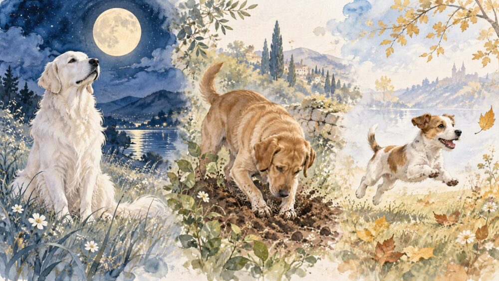 白い犬、地面を掘る犬、遊ぶ子犬の3つの夢の情景を横長に並べた比較イラスト。