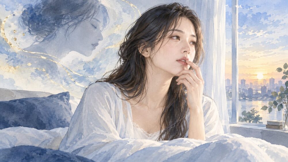 朝の窓辺で夢の余韻を思い返し、唇に指を添える女性。