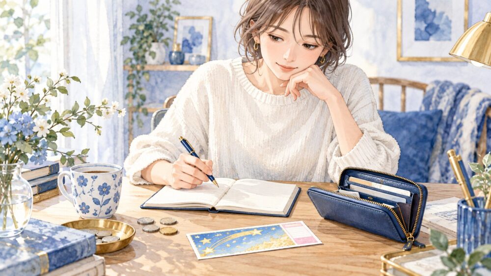 宝くじの購入枚数と予算を落ち着いて確認する手元のイラスト。