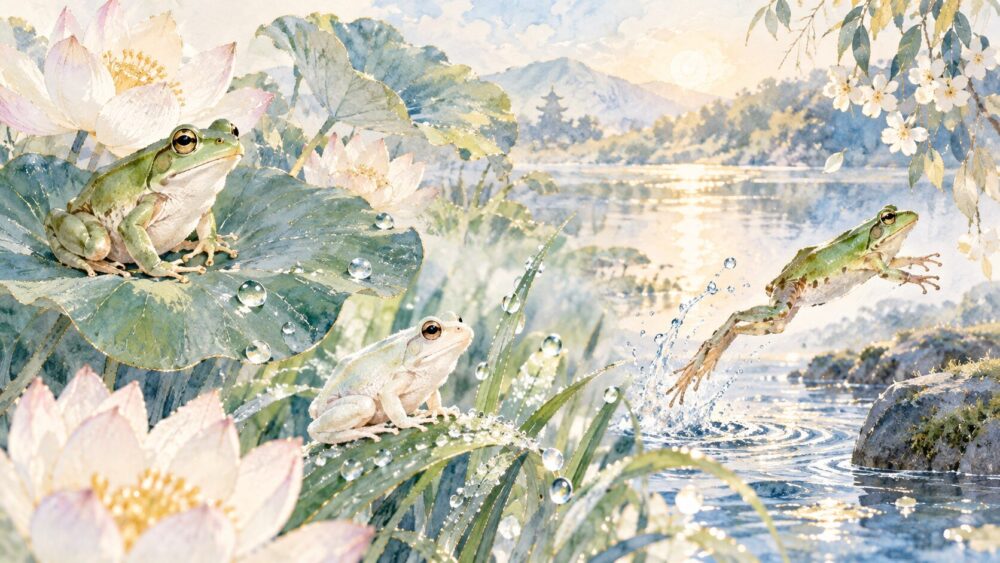 白・金色・大きなカエルなど、幸運の夢の種類を描いたイラスト。