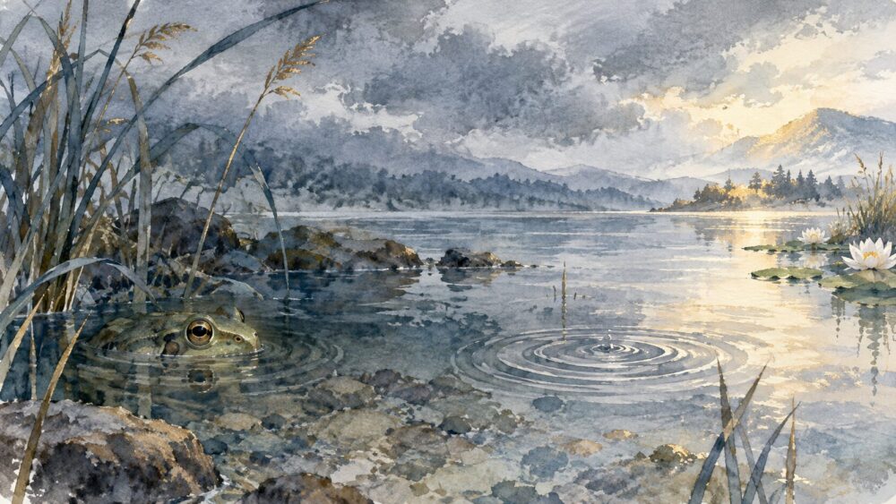 暗い水辺にいるカエルを描き、慎重さを促すイラスト。