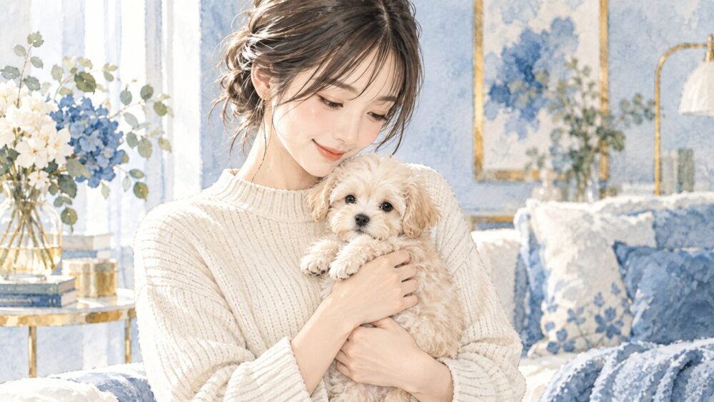女性が子犬を両手で抱き、顔を見つめる場面。