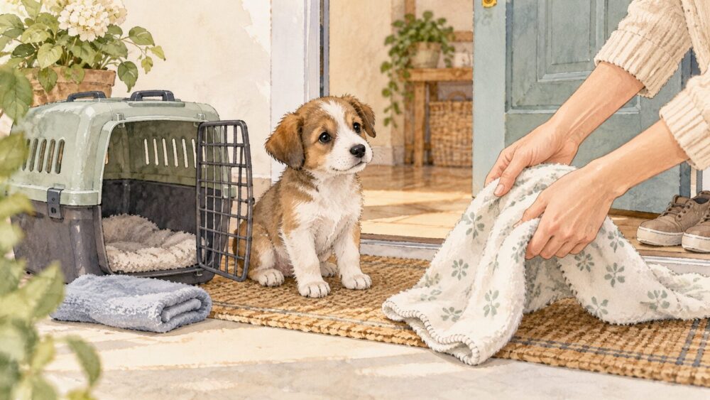 玄関でタオルとキャリーを用意し、子犬を迎える準備をする場面。