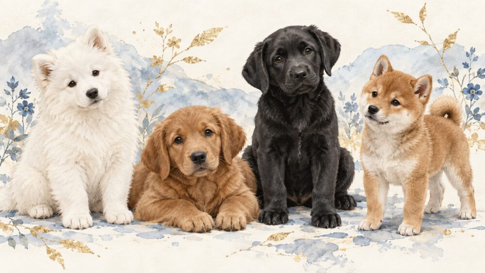 白・茶・黒など毛色や犬種の違う4匹の子犬。