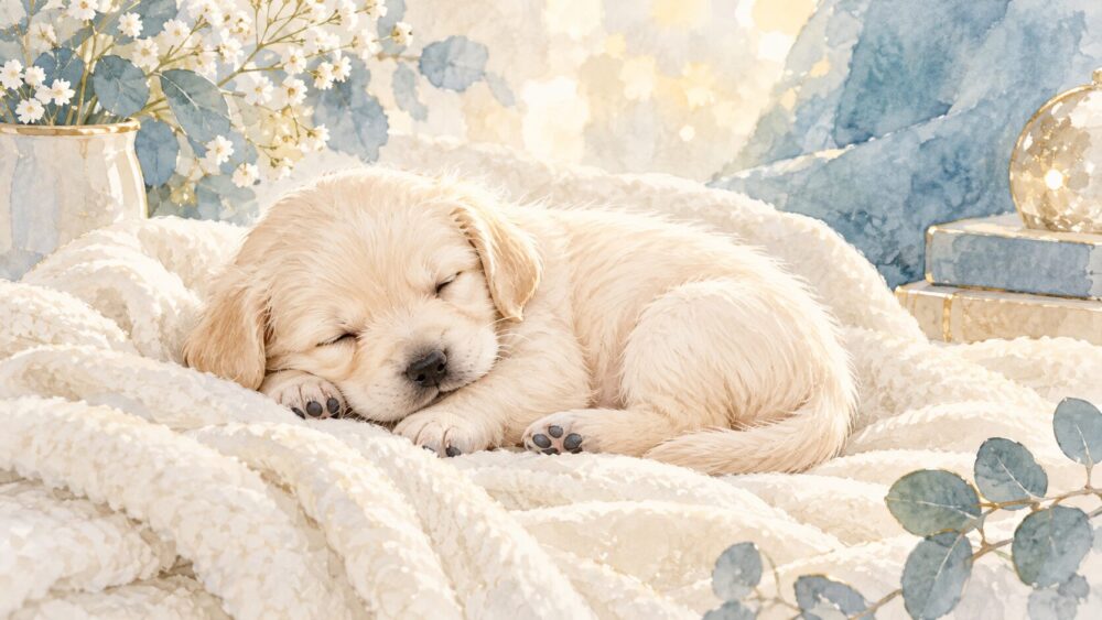 白い毛布の上で丸くなり、安心した表情で眠る子犬。