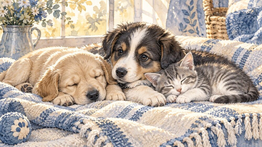 青い毛布の上で子犬と子猫が寄り添って眠る様子。