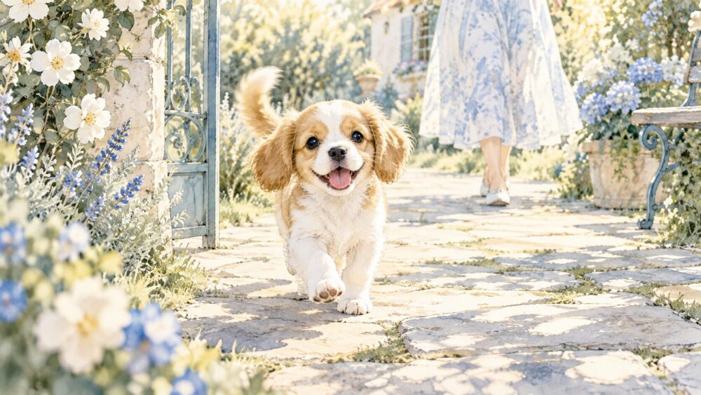 庭の石畳を元気に走り出す子犬。