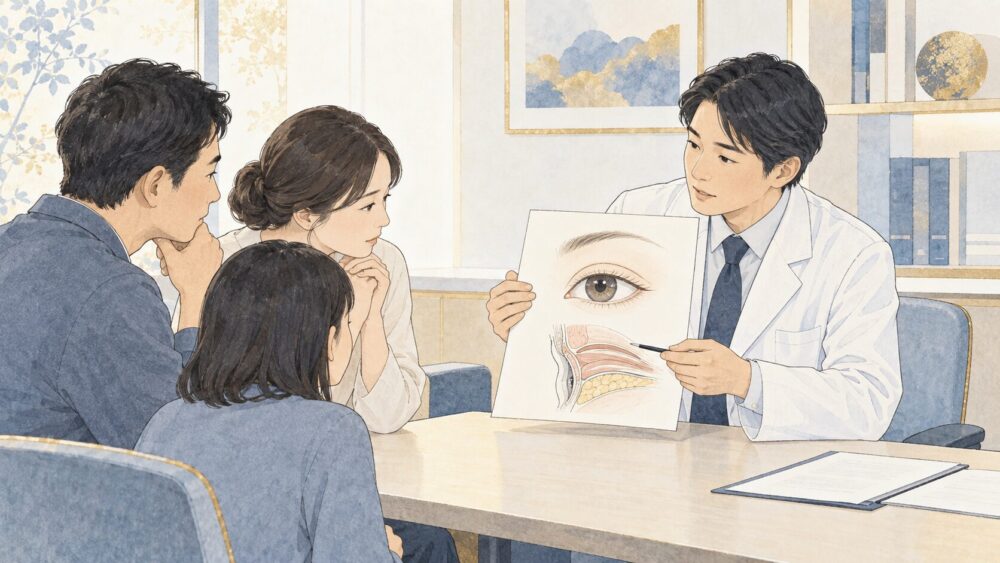 閉じた瞳の横顔と医療者の説明資料で、医学的背景を穏やかに示す場面。