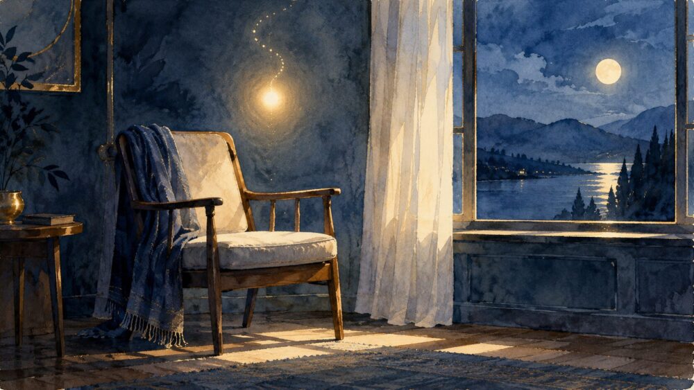 青と金の光が差す静かな彼方を描いた象徴的な風景。